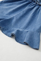 Spaghetti Straps V Neck Belted Ruffled Leg Chambray Romper - Women / Jeans & Denim by Trendsi | Available at Handbags Specialist Headquarter