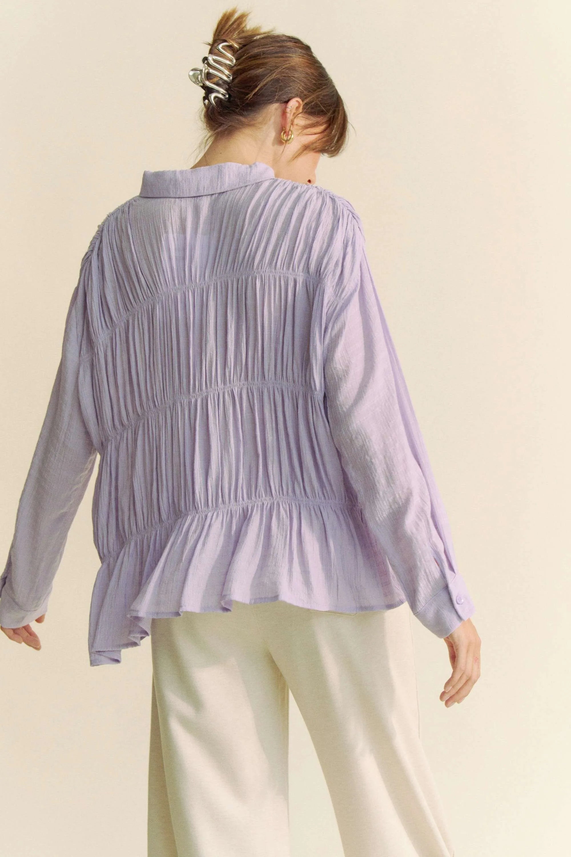 Davi & Dani Ruched All Over Button Front Shirt - Women / Jeans & Denim by Trendsi | Available at Handbags Specialist Headquarter