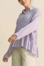 Davi & Dani Ruched All Over Button Front Shirt - Women / Jeans & Denim by Trendsi | Available at Handbags Specialist Headquarter