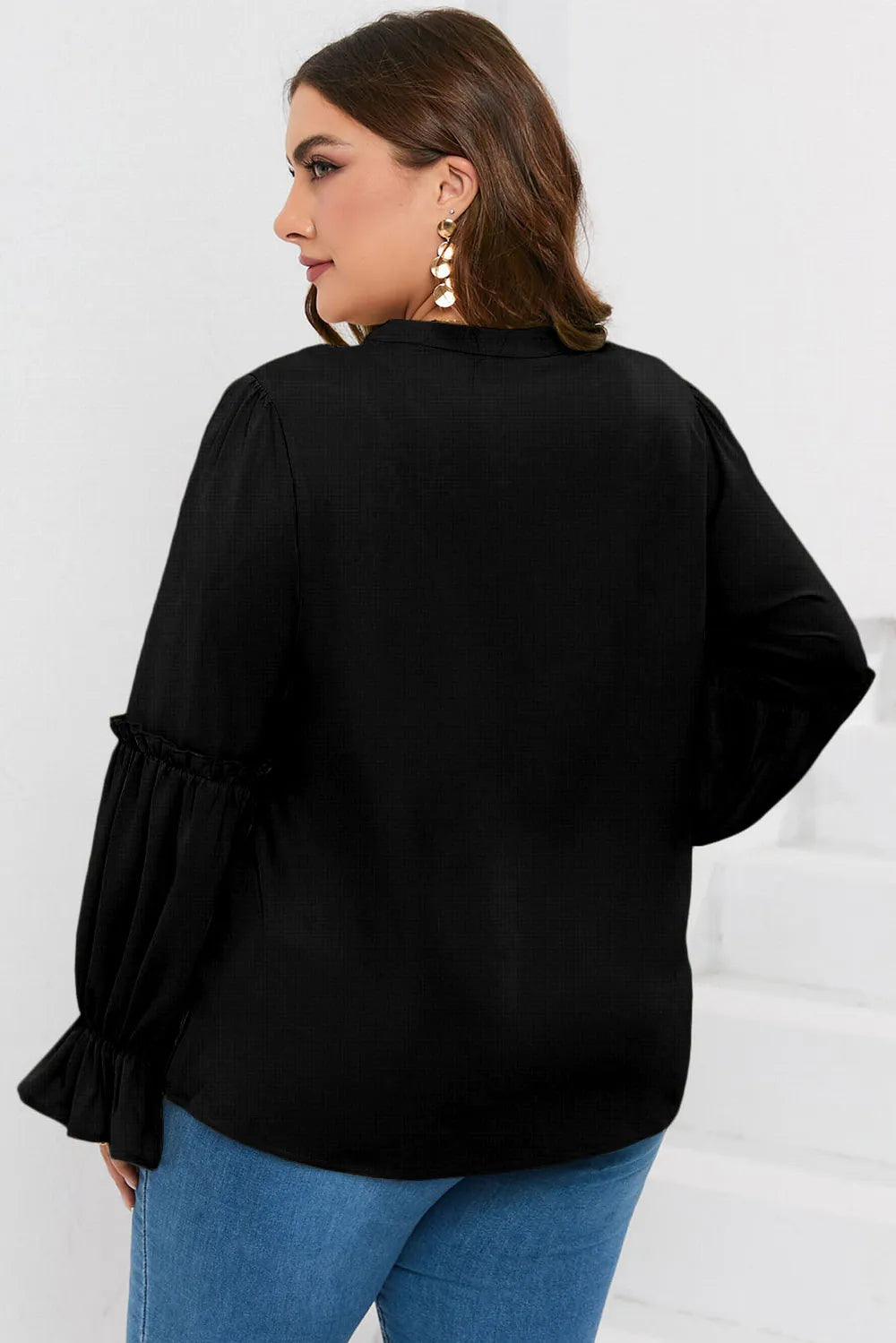Plus Size Ruffled Tie Neck Flounce Sleeve Blouse - Plus Size Shirts by Trendsi | Available at Handbags Specialist Headquarter