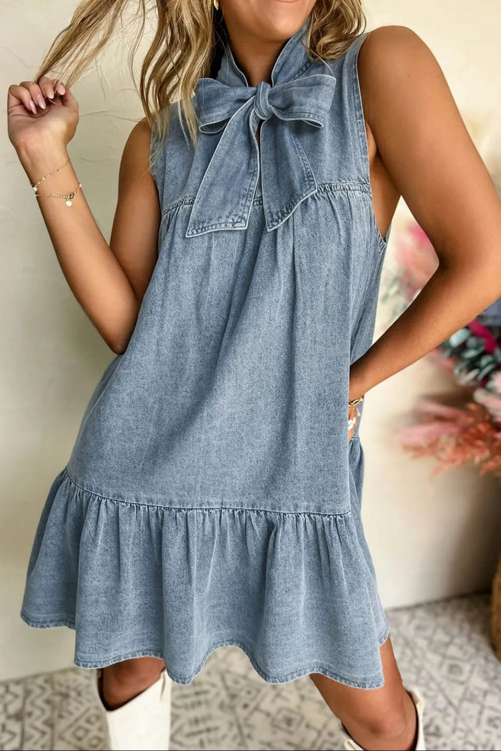 Tie Neck Sleeveless Denim Dress - Women / Jeans & Denim by Trendsi | Available at Handbags Specialist Headquarter