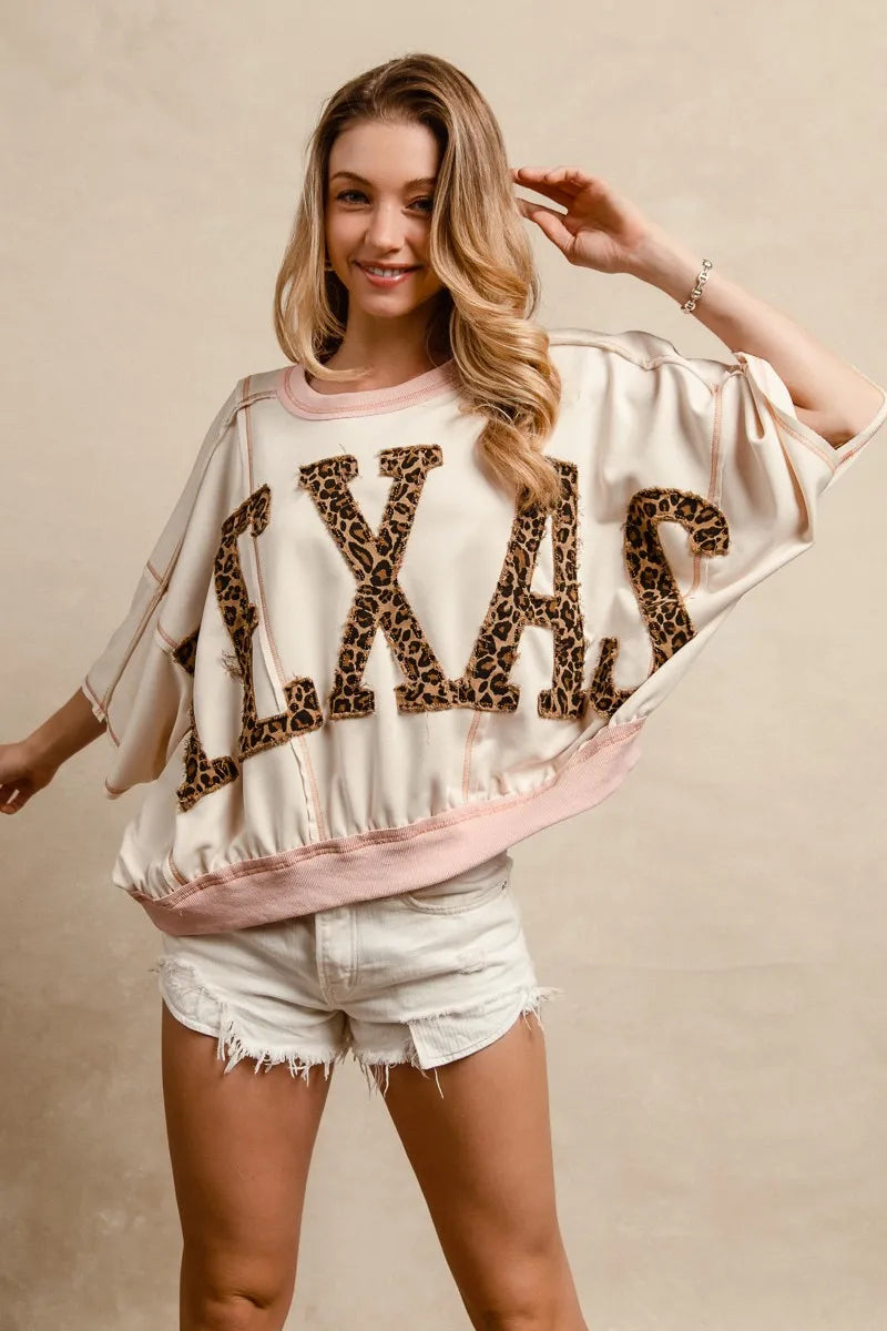 BiBi Leopard Print Texas Patchwork Overlock Stitch Top - Tops by Trendsi | Available at Handbags Specialist Headquarter