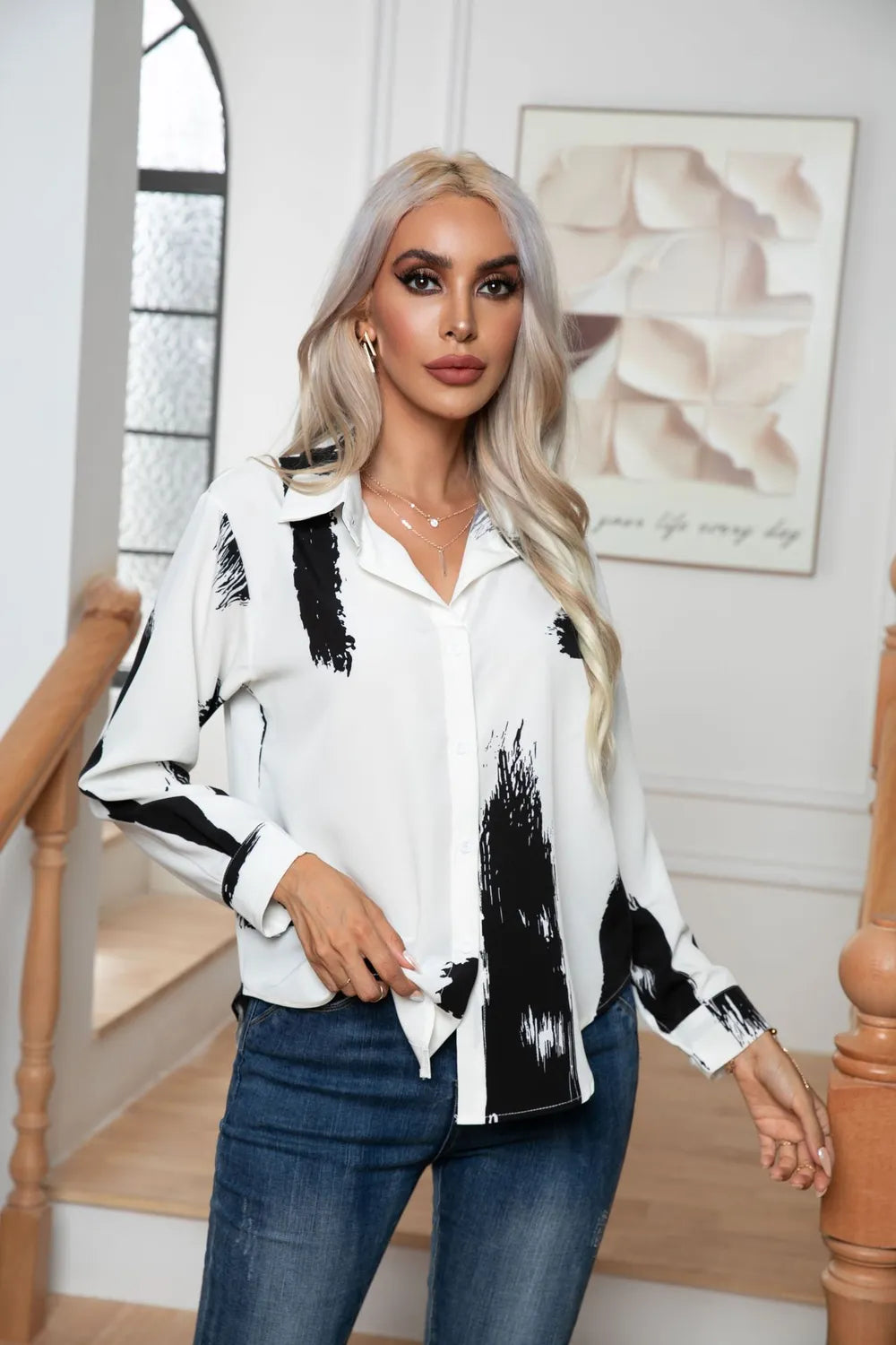 Button Down Printed Long Sleeve Shirt - Women's Down Shirt Tops by Trendsi | Available at Handbags Specialist Headquarter