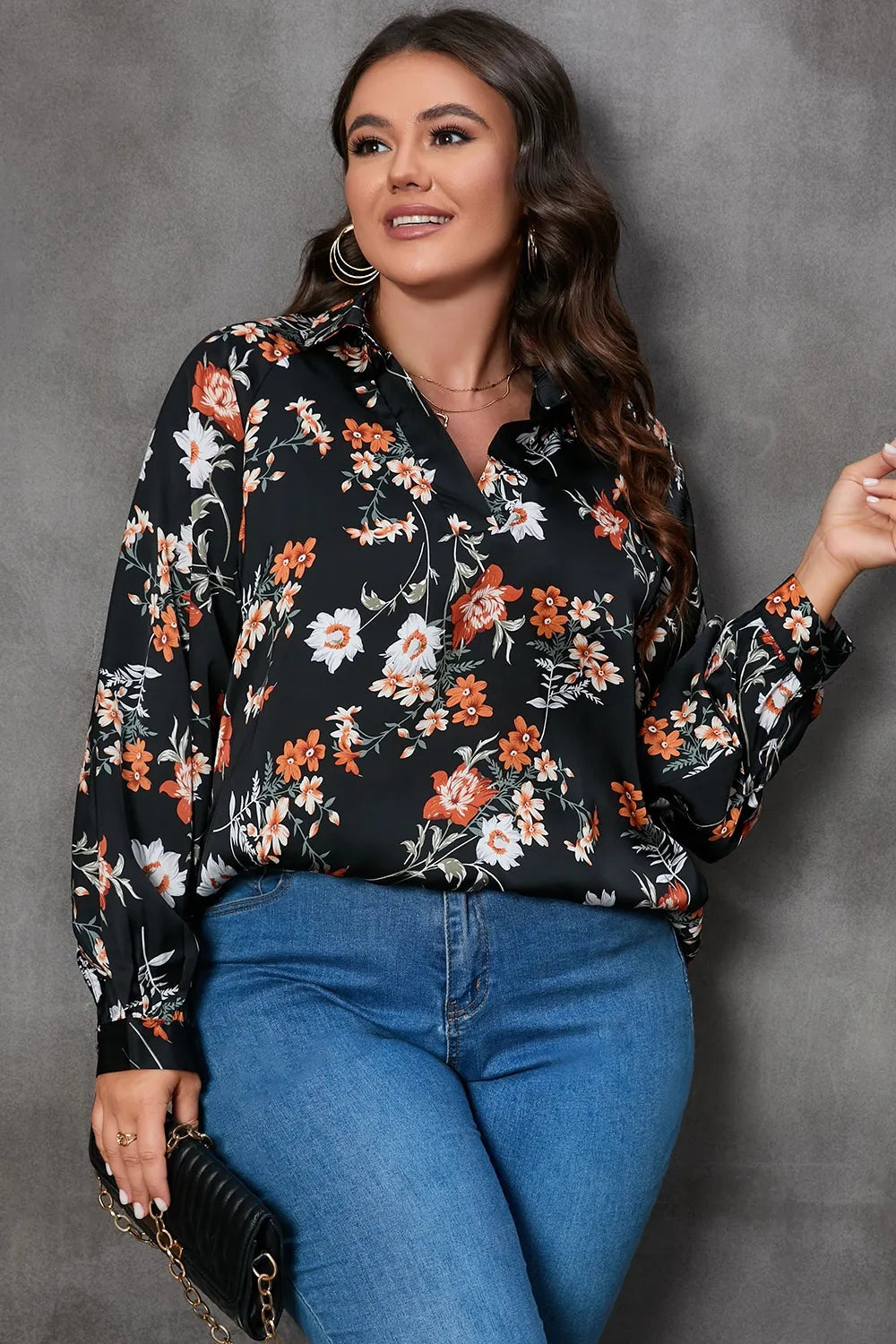 Plus Size Printed Johnny Collar Long Sleeve Blouse - Plus Size Shirts by Trendsi | Available at Handbags Specialist Headquarter