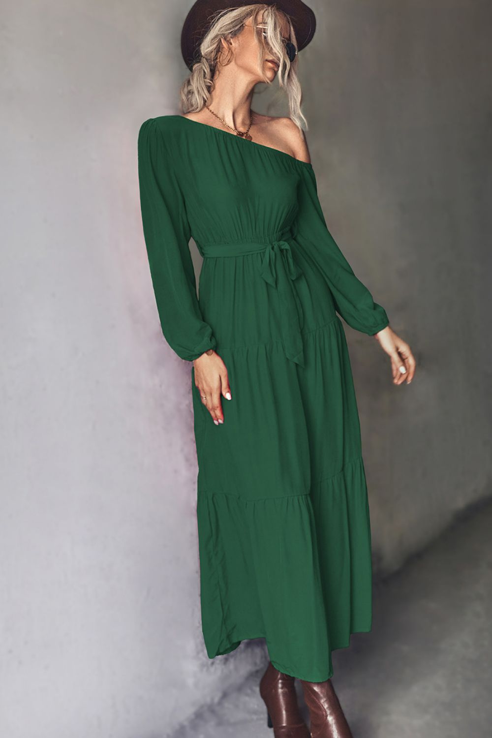 Belted One-Shoulder Tiered Maxi Dress - Maxi Dress by Trendsi | Available at Handbags Specialist Headquarter