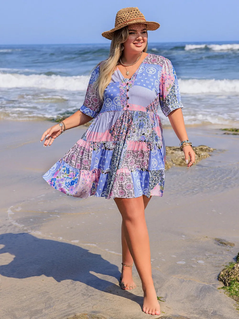 Plus Size Printed V-Neck Tiered Mini Dress - Dresses by Trendsi | Available at Handbags Specialist Headquarter