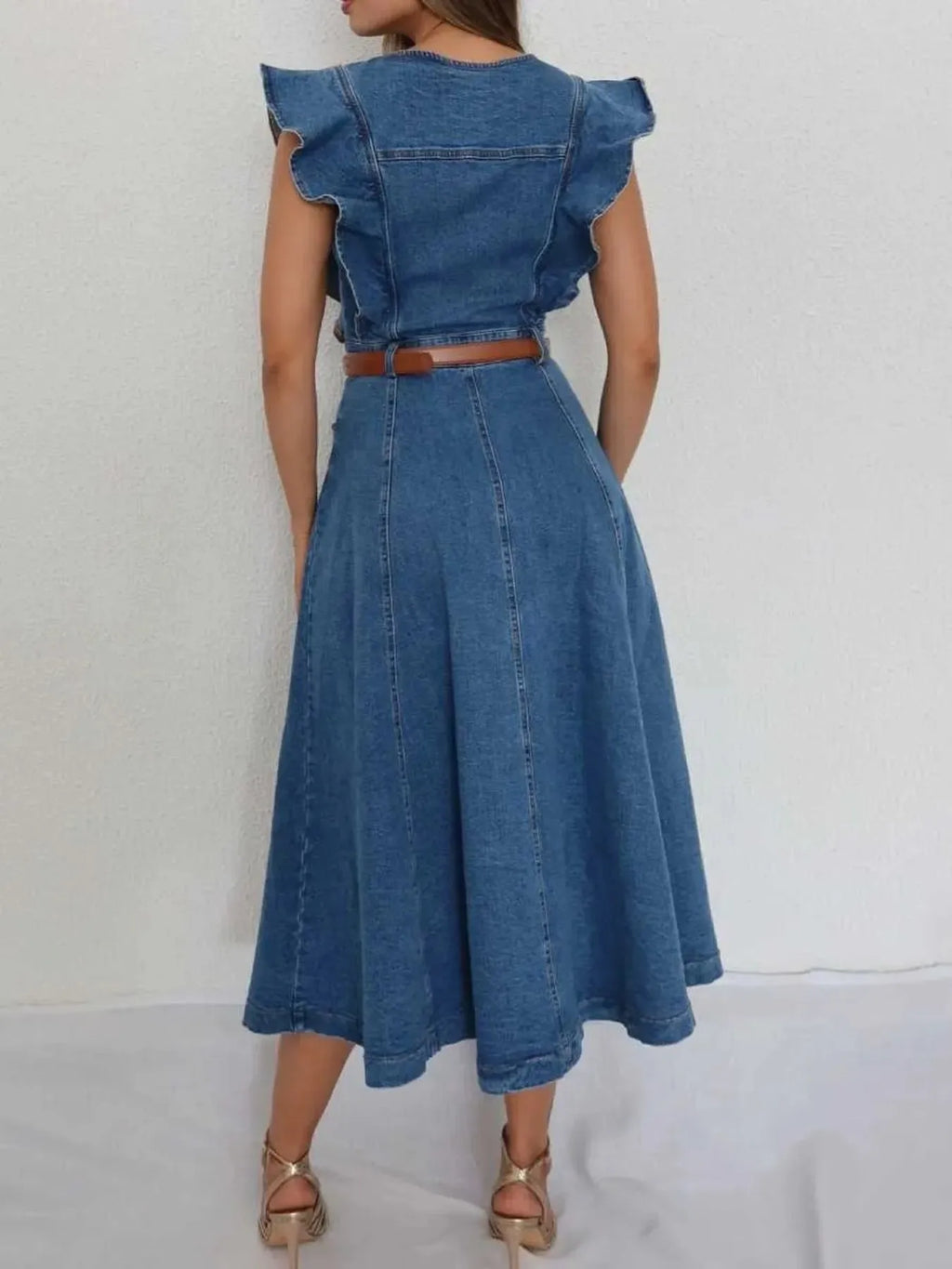 Button-Front Ruffle Sleeve Denim Midi Dress - Women / Jeans & Denim by Trendsi | Available at Handbags Specialist Headquarter