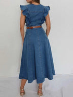 Button-Front Ruffle Sleeve Denim Midi Dress - Women / Jeans & Denim by Trendsi | Available at Handbags Specialist Headquarter