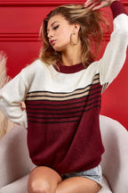 BiBi Color Block Sweater With Stripe Yoke - Tops by Trendsi | Available at Handbags Specialist Headquarter
