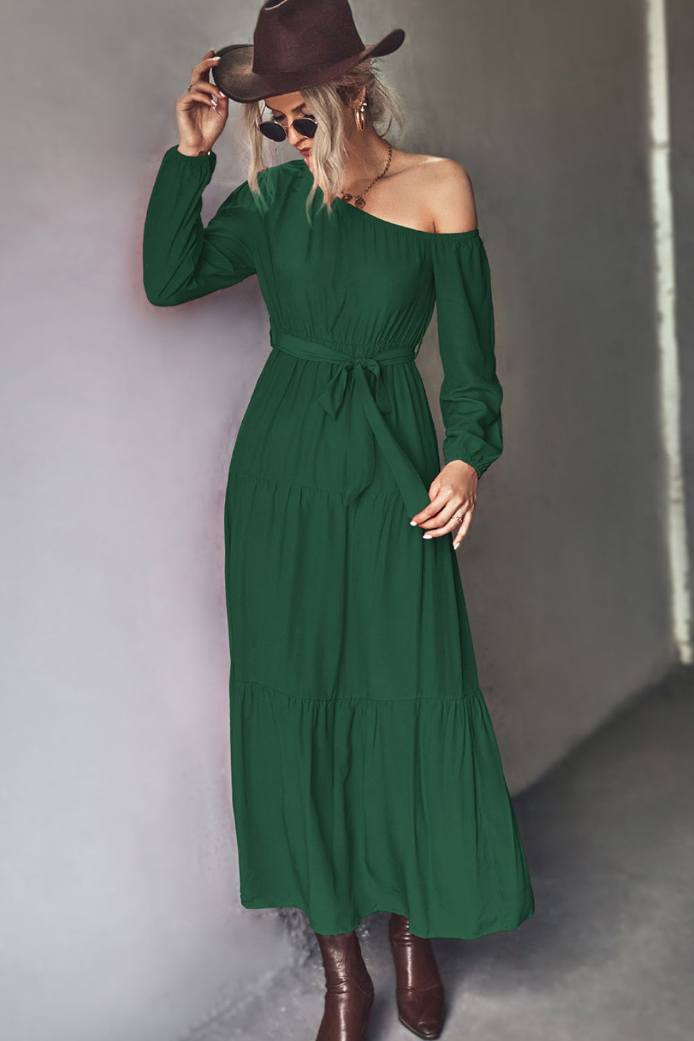 Belted One-Shoulder Tiered Maxi Dress - Maxi Dress by Trendsi | Available at Handbags Specialist Headquarter