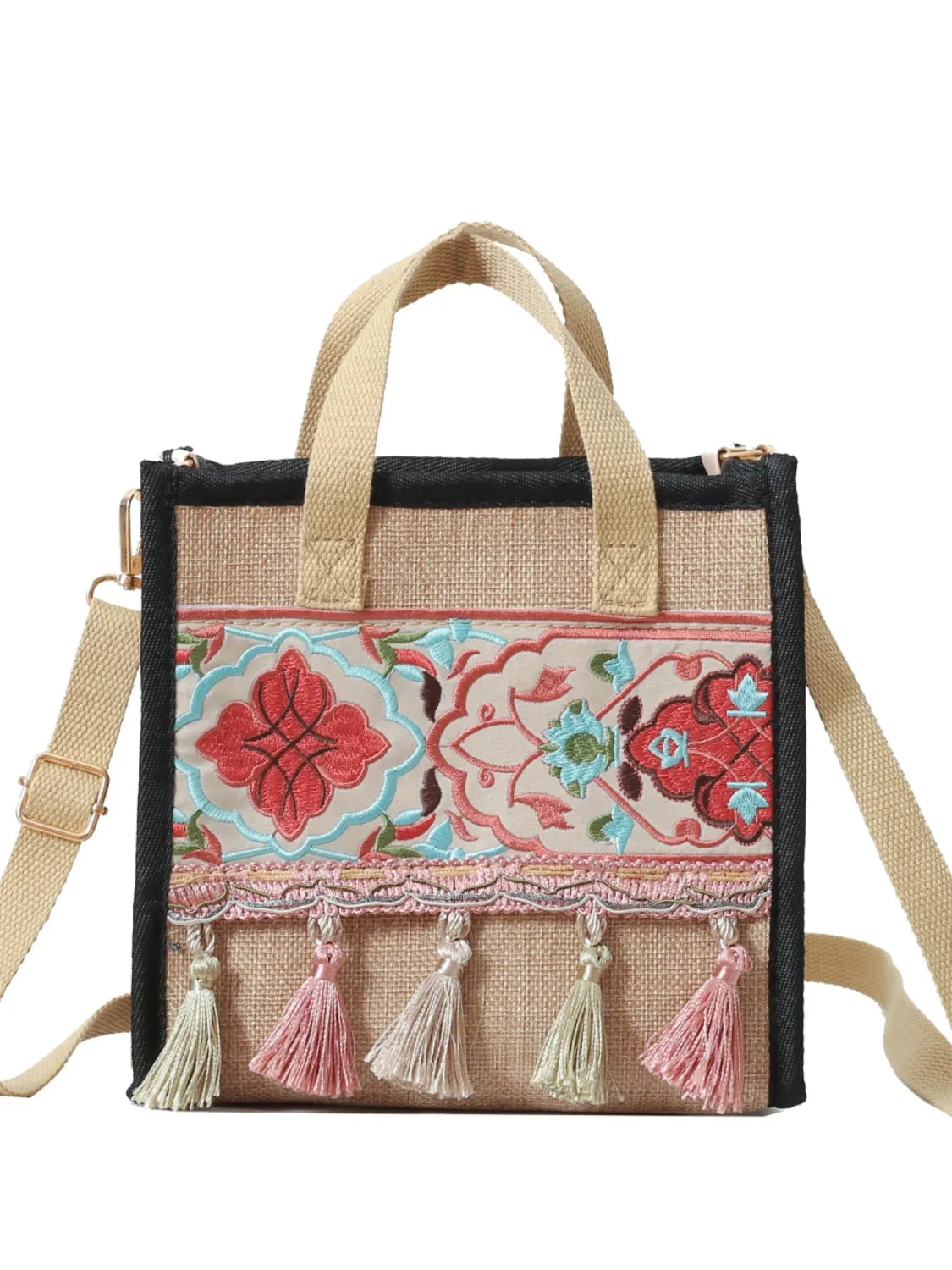 Vintage Embroidered Tassel Handbag with Canvas Strap - handbags by Trendsi | Available at Handbags Specialist Headquarter