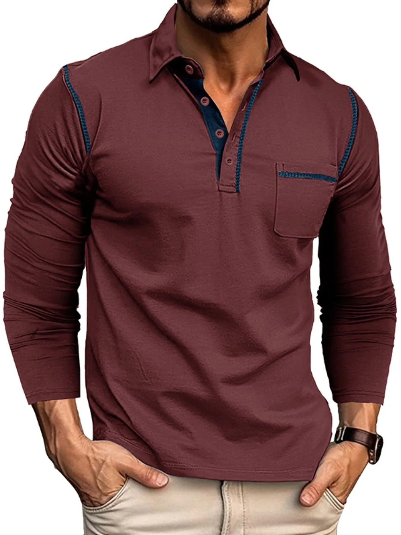 Men's Long Sleeve Polo Shirt with Contrast Stitching - Men's Polo shirt by Trendsi | Available at Handbags Specialist Headquarter