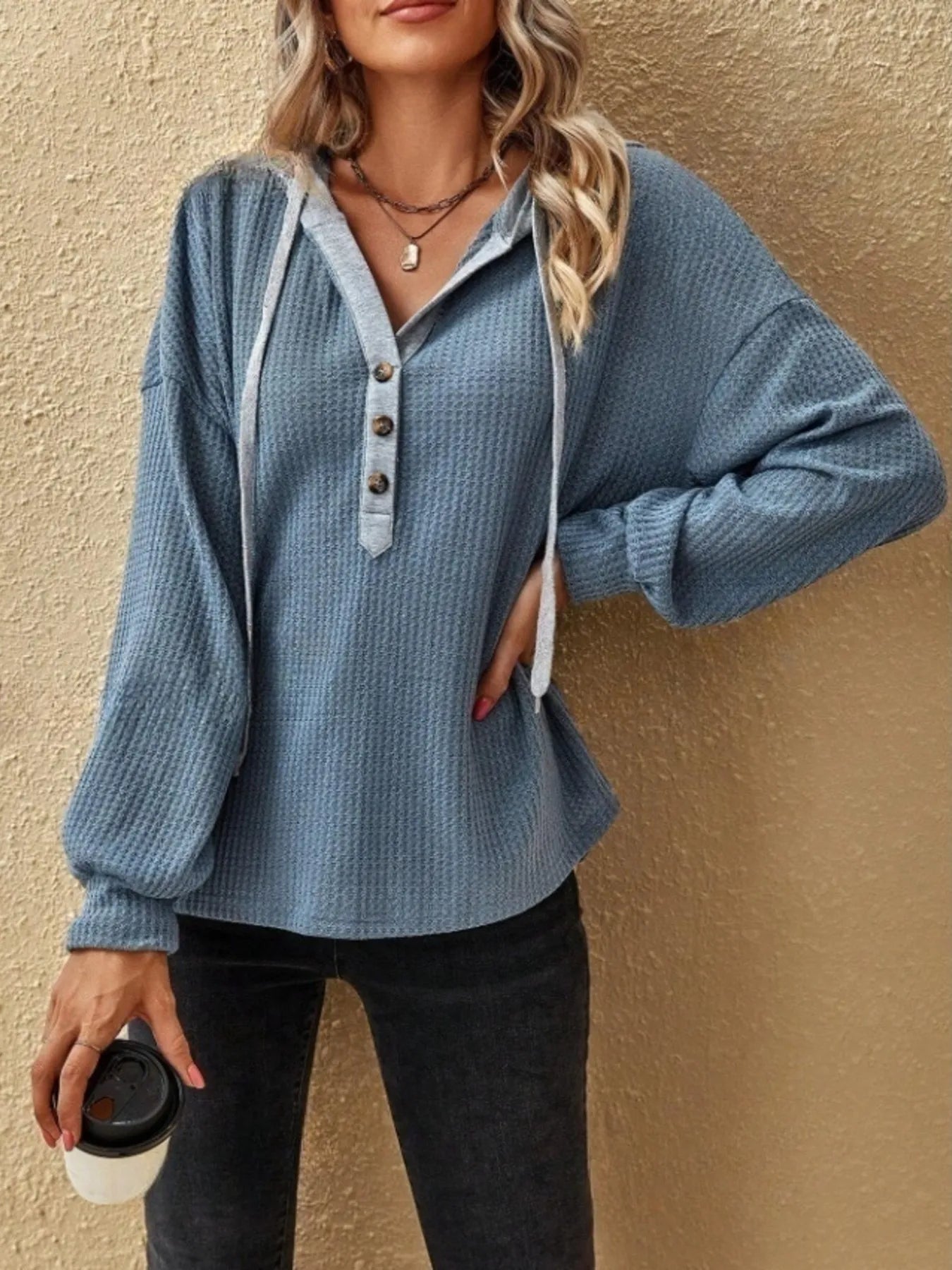 Drawstring Waffle Knit Hoodie - Tops by Trendsi | Available at Handbags Specialist Headquarter