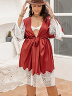 Plus Size Lace Patchwork Tie Front Robe - Sleepwear by Trendsi | Available at Handbags Specialist Headquarter