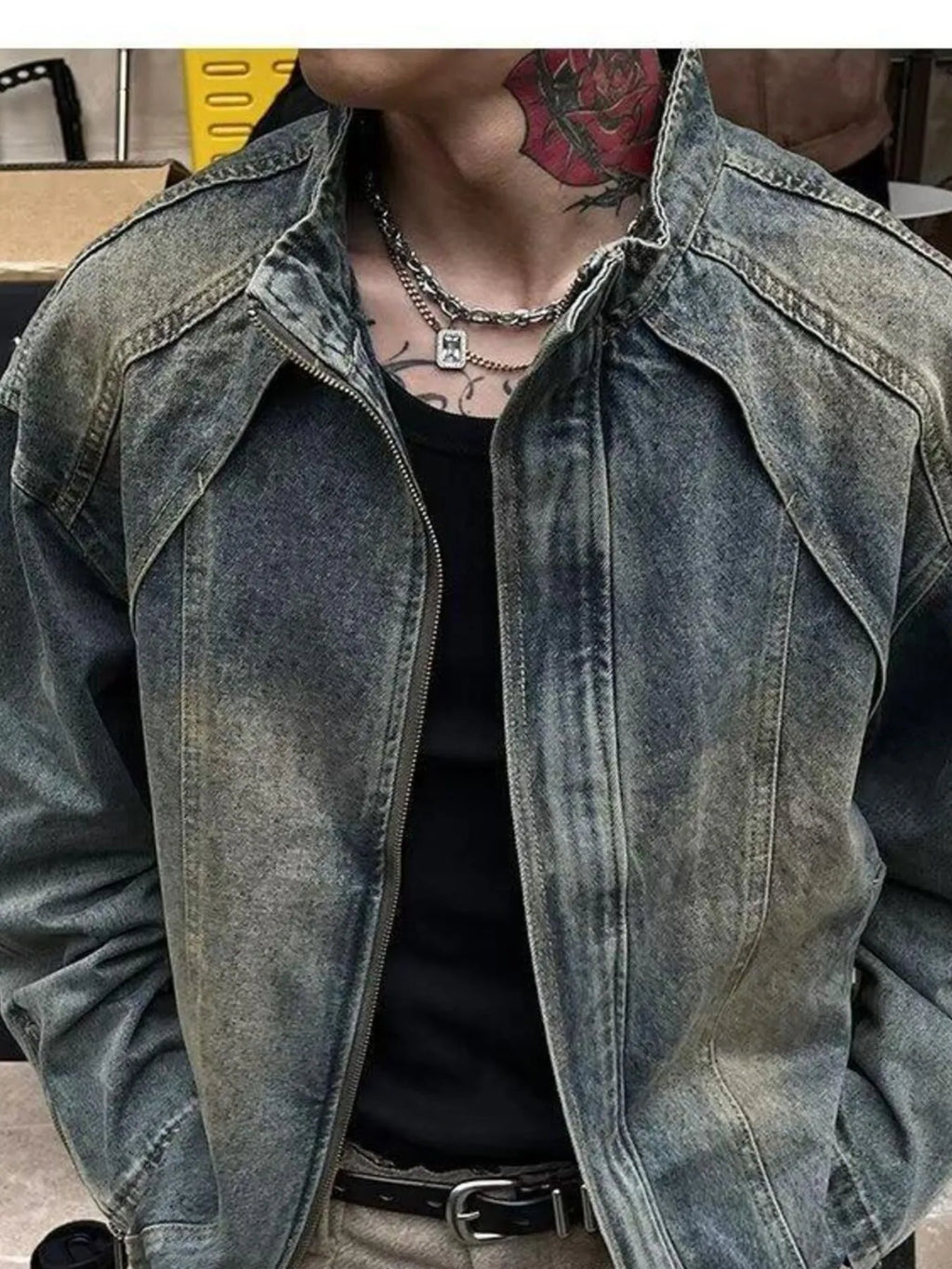 Men's Vintage Washed Denim Jacket with Classic Collar - Men's jackets by Trendsi | Available at Handbags Specialist Headquarter