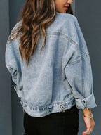 Distressed Leopard Drop Shoulder Denim Jacket - Women / Jeans & Denim by Trendsi | Available at Handbags Specialist Headquarter