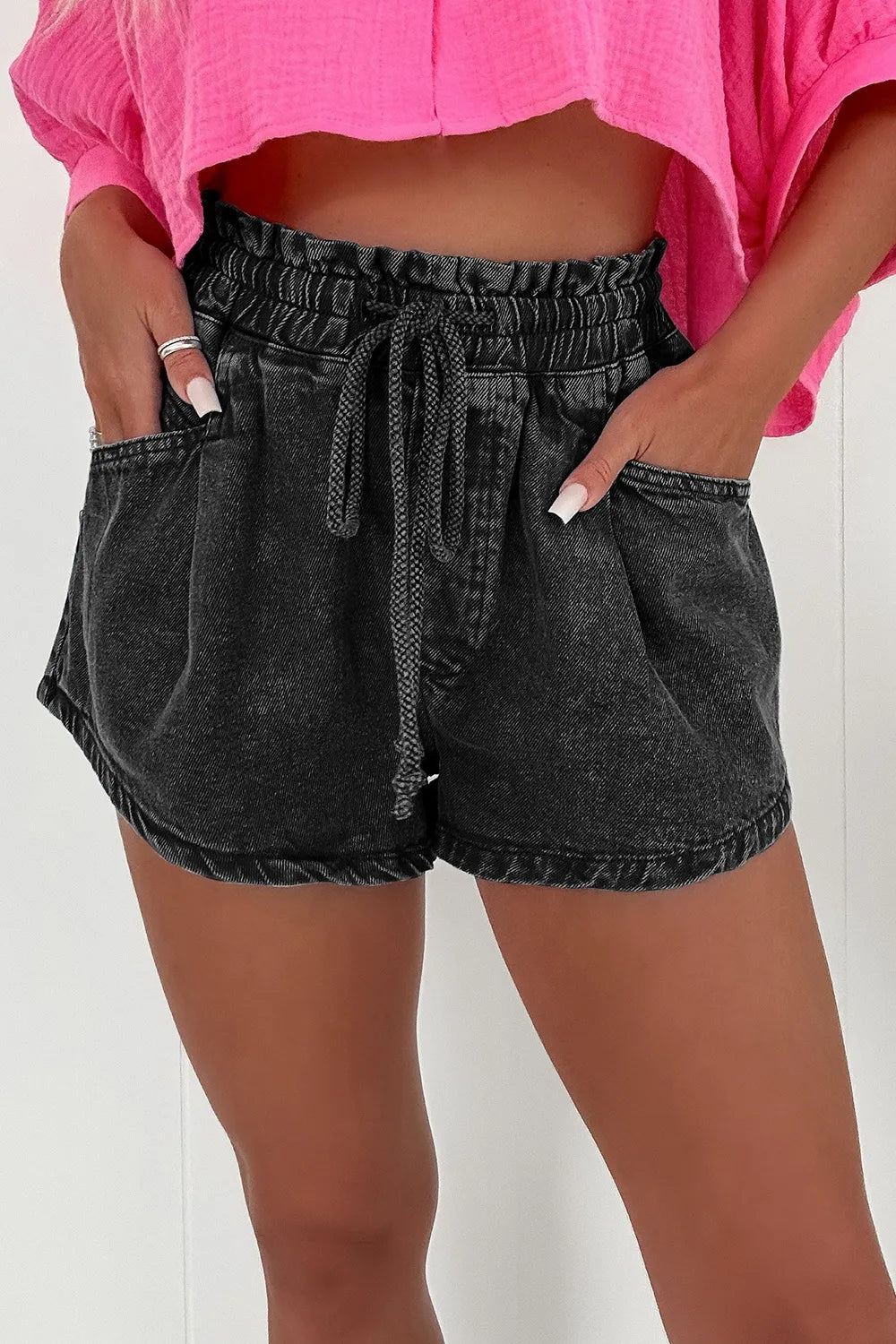 Drawstring High Waist Denim Shorts with Pockets - Women / Jeans & Denim by Trendsi | Available at Handbags Specialist Headquarter