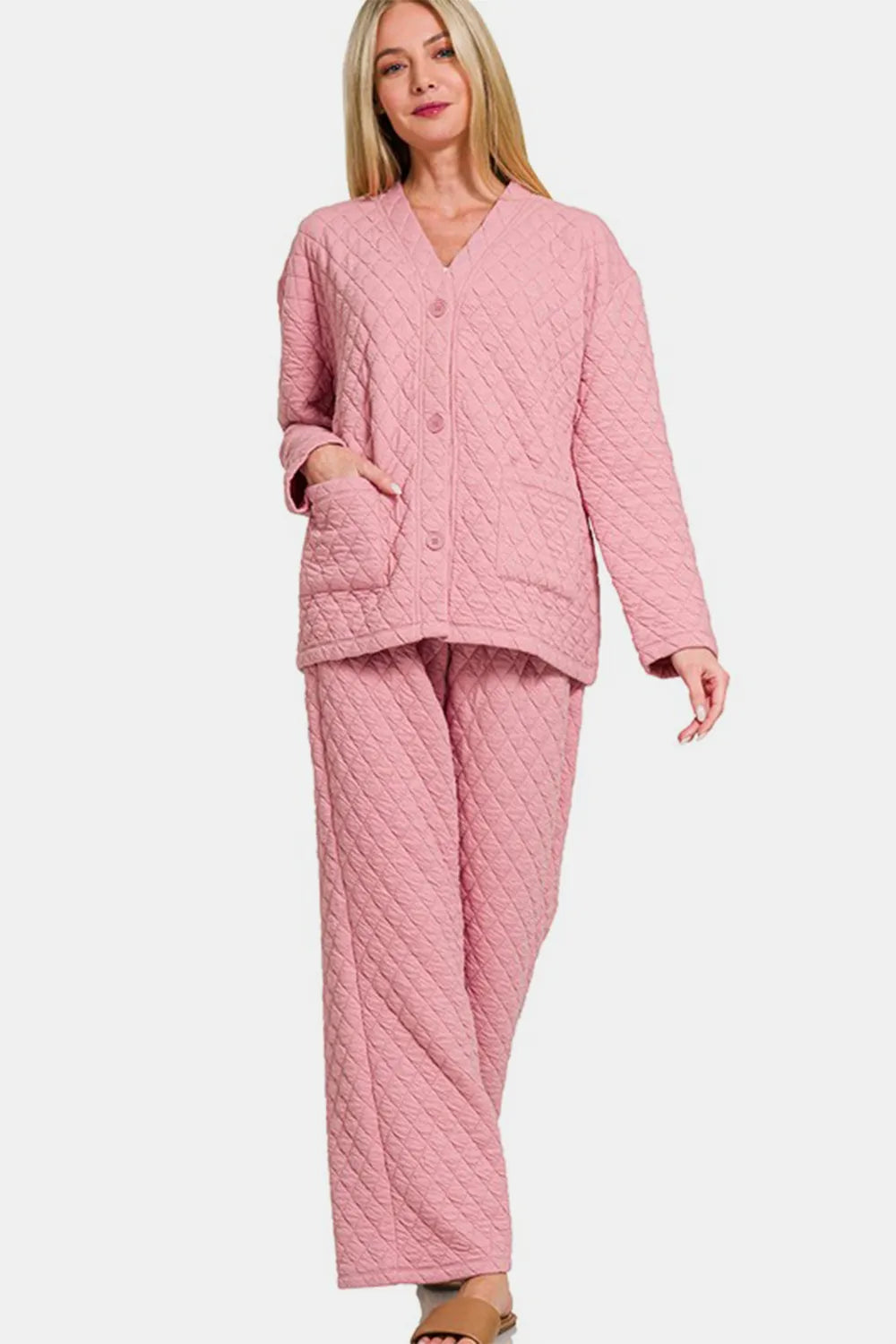 Zenana Quilted Button Up Long Sleeve Top and Pants Lounge Set - Sleepwear by Trendsi | Available at Handbags Specialist Headquarter