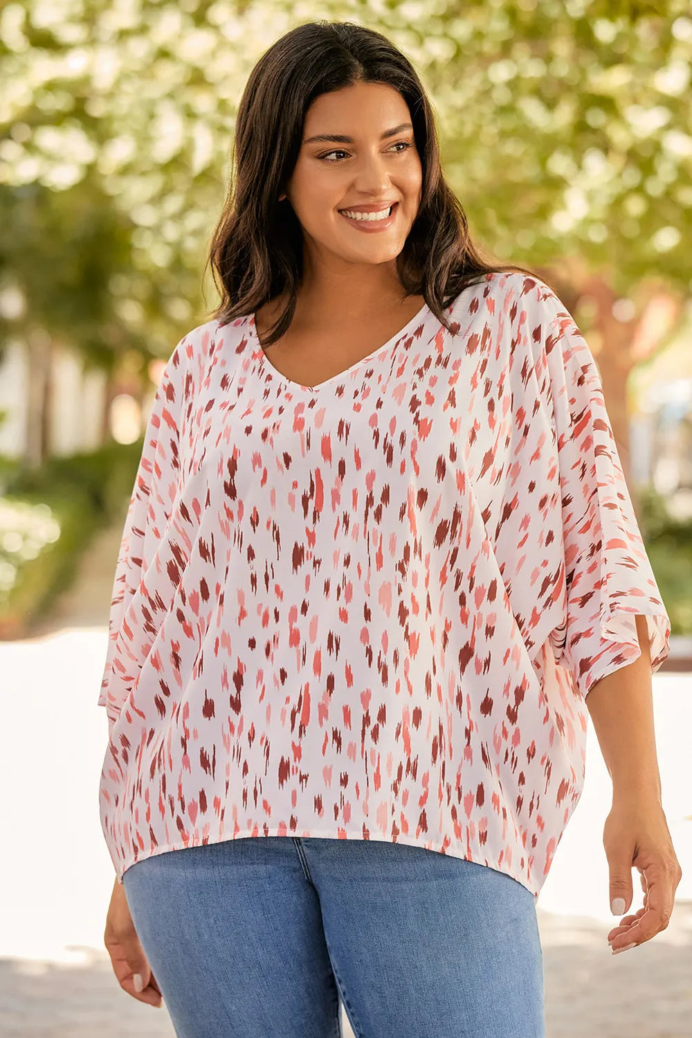 Plus Size Printed V-Neck Blouse - Plus Size Shirts by Trendsi | Available at Handbags Specialist Headquarter
