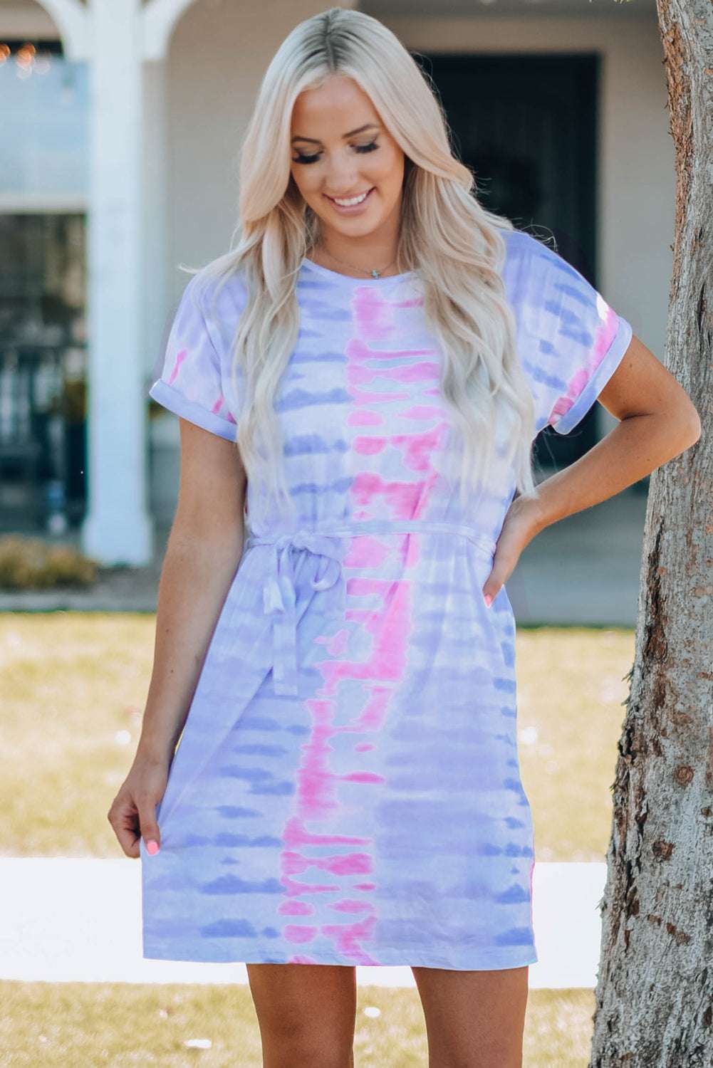 Women Tie-Dye Belted T-Shirt Dress - Dresses by Trendsi | Available at Handbags Specialist Headquarter