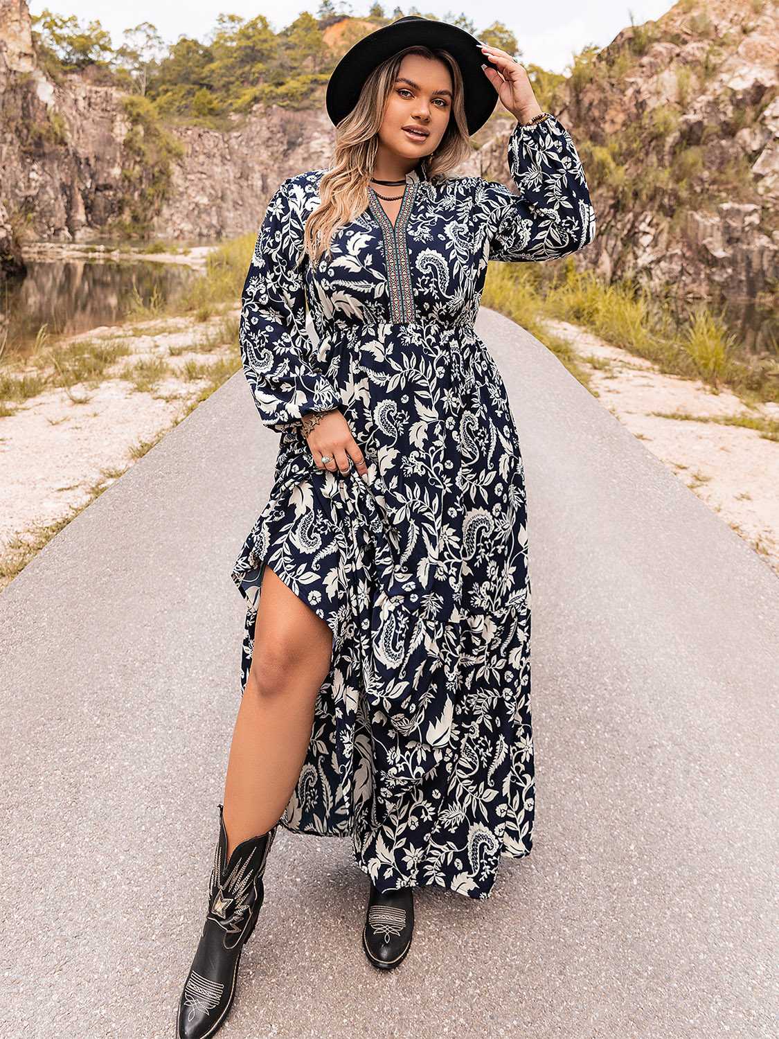 Plus Size Long Sleeve Maxi Dress - Dresses by Trendsi | Available at Handbags Specialist Headquarter