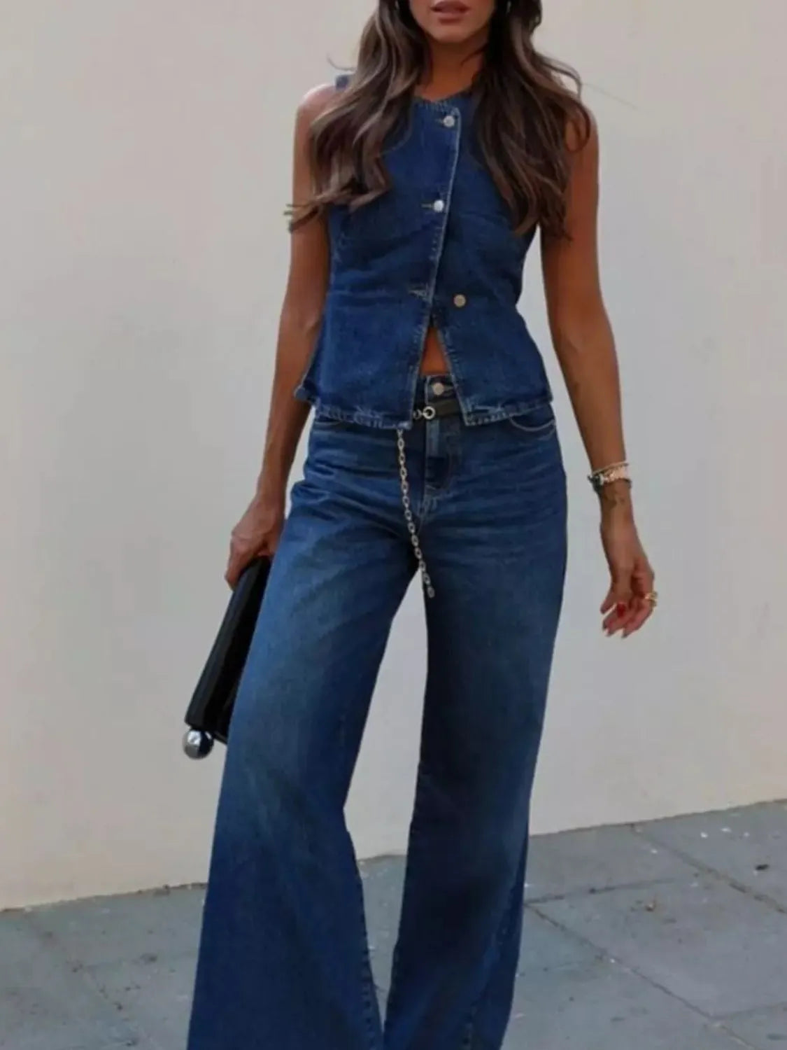 Button Down Vest and Flare Jeans Denim Set - Women / Jeans & Denim by Trendsi | Available at Handbags Specialist Headquarter
