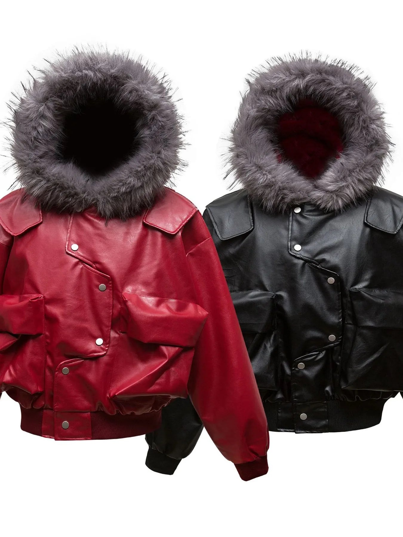 Men's Leather Bomber Jacket with Faux Fur Hood - Men's jackets by Trendsi | Available at Handbags Specialist Headquarter