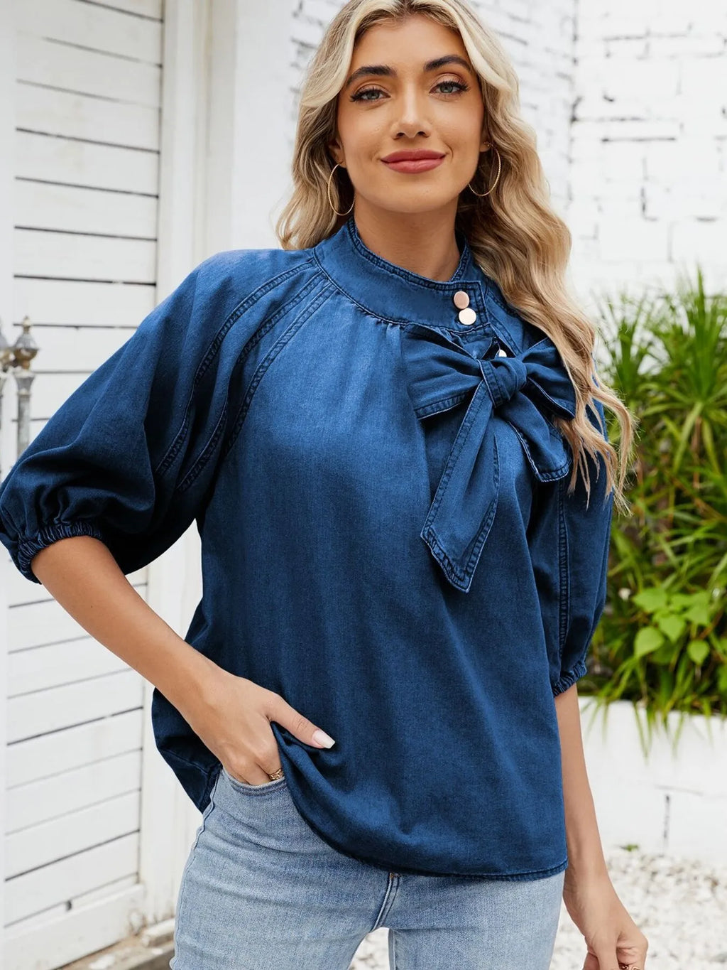Denim Bow Tie Puff Sleeve Top - Tops by Trendsi | Available at Handbags Specialist Headquarter
