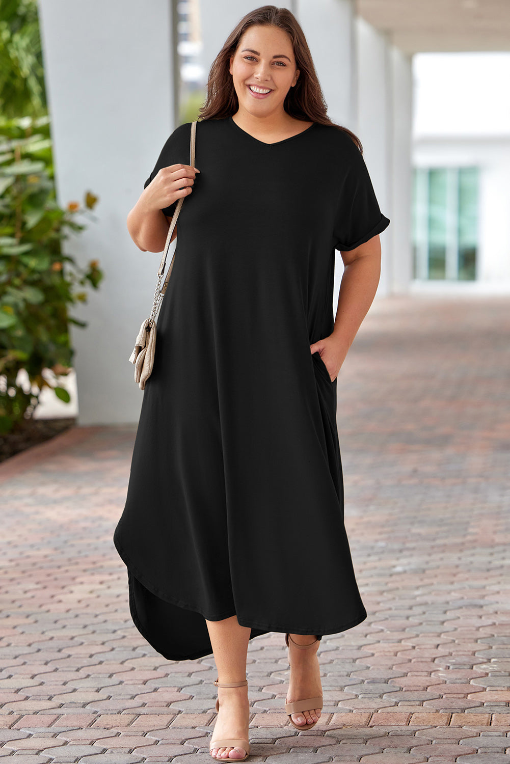 Plus Size V-Neck Short Sleeve Maxi Dress - Dresses by Trendsi | Available at Handbags Specialist Headquarter