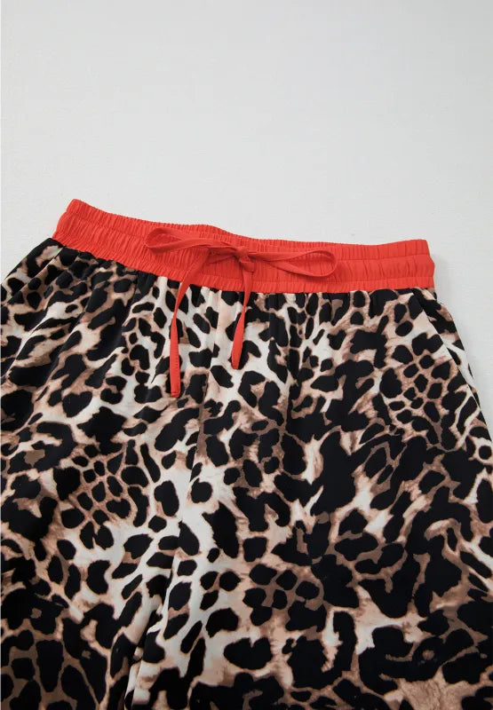 Contrast Trim Leopard Round Neck Top and Pants Lounge Set - Sleepwear by Trendsi | Available at Handbags Specialist Headquarter