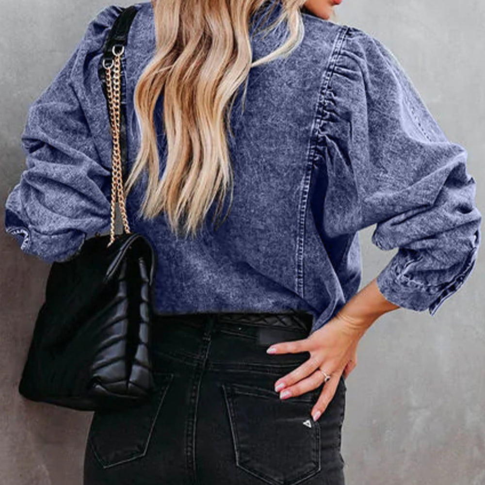 Collared Neck Buttoned Denim Shirt - Women / Jeans & Denim by Trendsi | Available at Handbags Specialist Headquarter