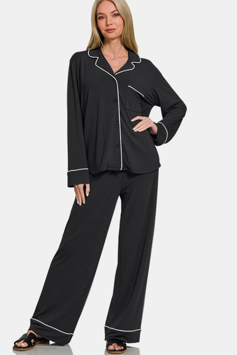 Zenana Button Down Long Sleeve Top and Pants Lounge Set - Sleepwear by Trendsi | Available at Handbags Specialist Headquarter