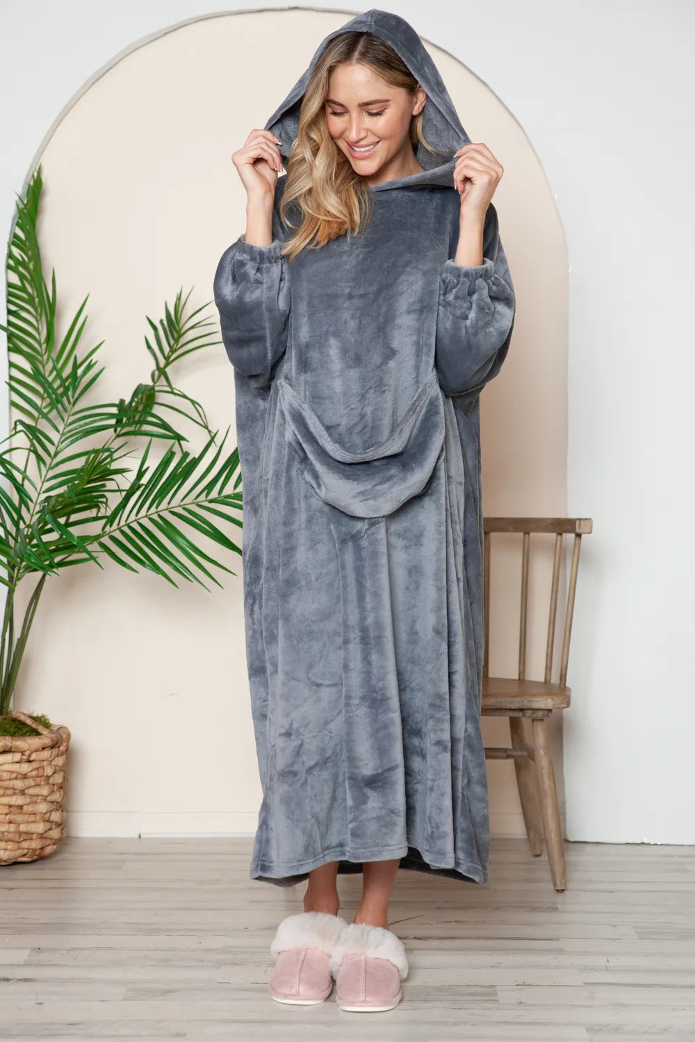 Double Take Full Size Pocketed Hooded Midi Lounge Dress - Sleepwear by Trendsi | Available at Handbags Specialist Headquarter