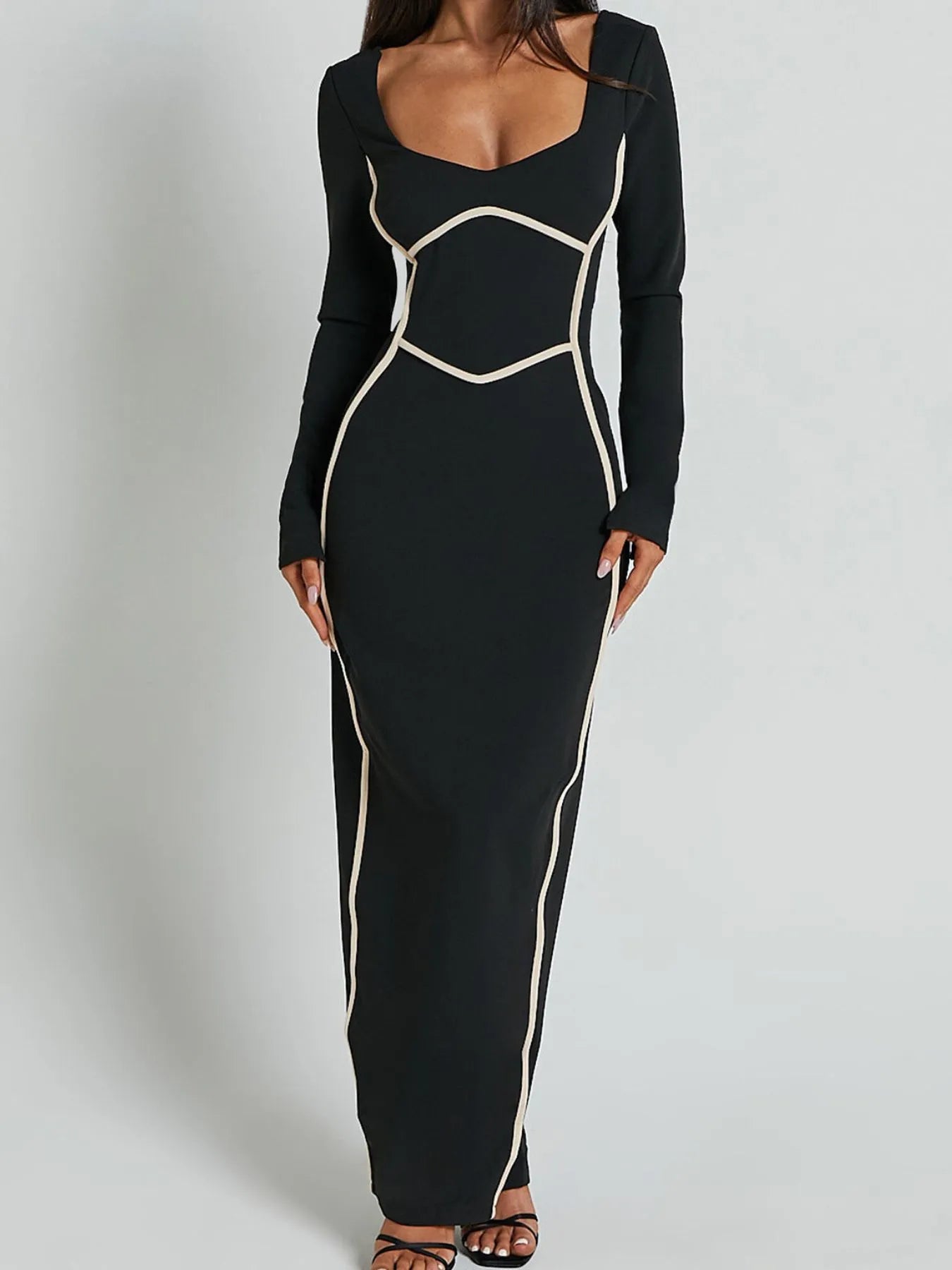 Contrast Trim Long Sleeve Bodycon Maxi Dress - Maxi Dress by Trendsi | Available at Handbags Specialist Headquarter