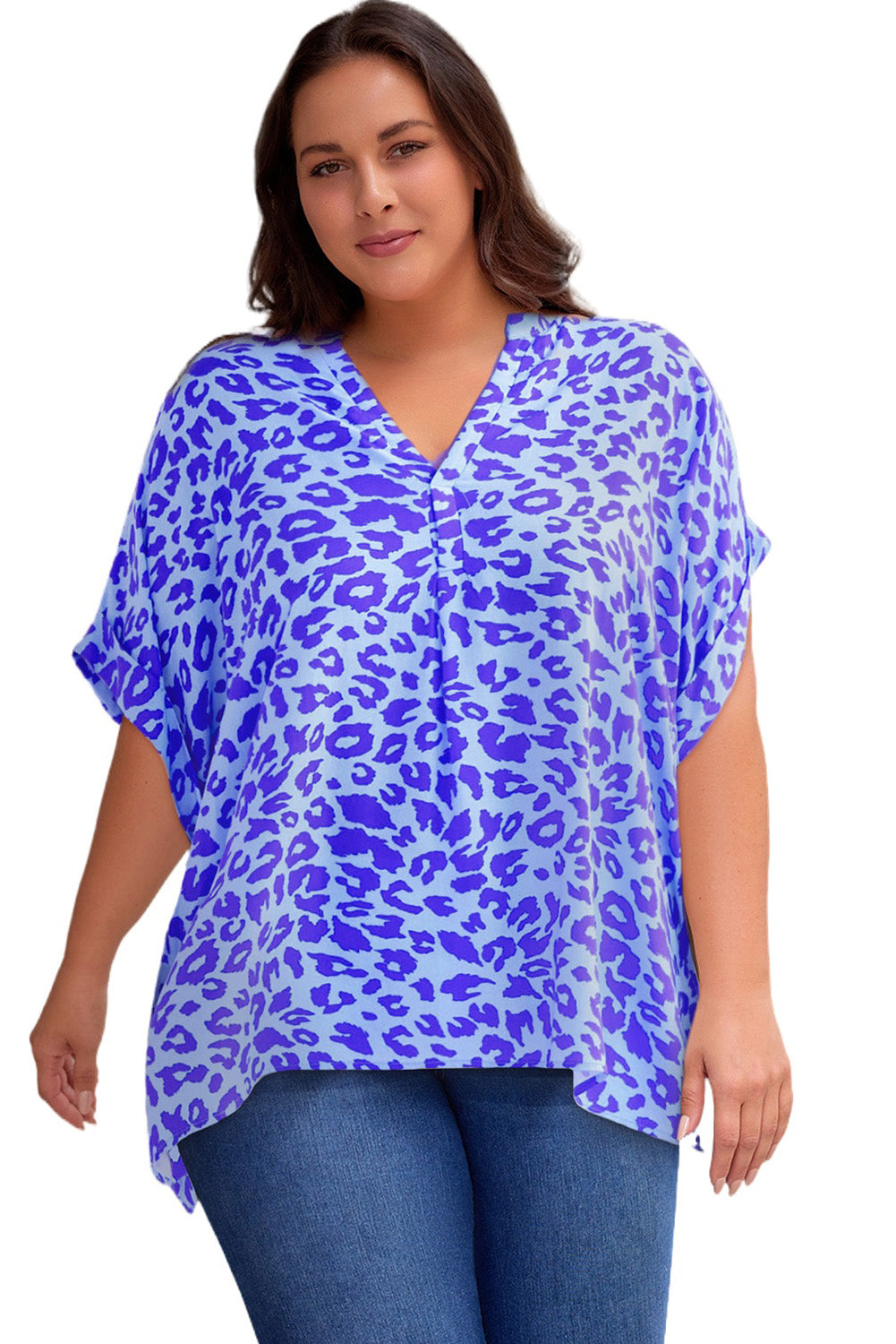 Plus Size Printed Notched Neck Half Sleeve Top - Plus Size Shirts by Trendsi | Available at Handbags Specialist Headquarter