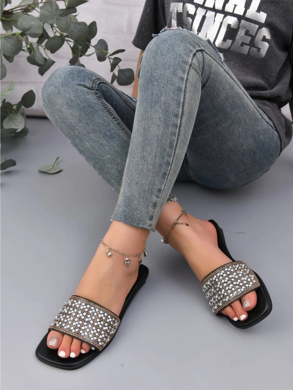 Rhinestone Embellished Open Toe Slide Sandals - Women Sandals by Trendsi | Available at Handbags Specialist Headquarter