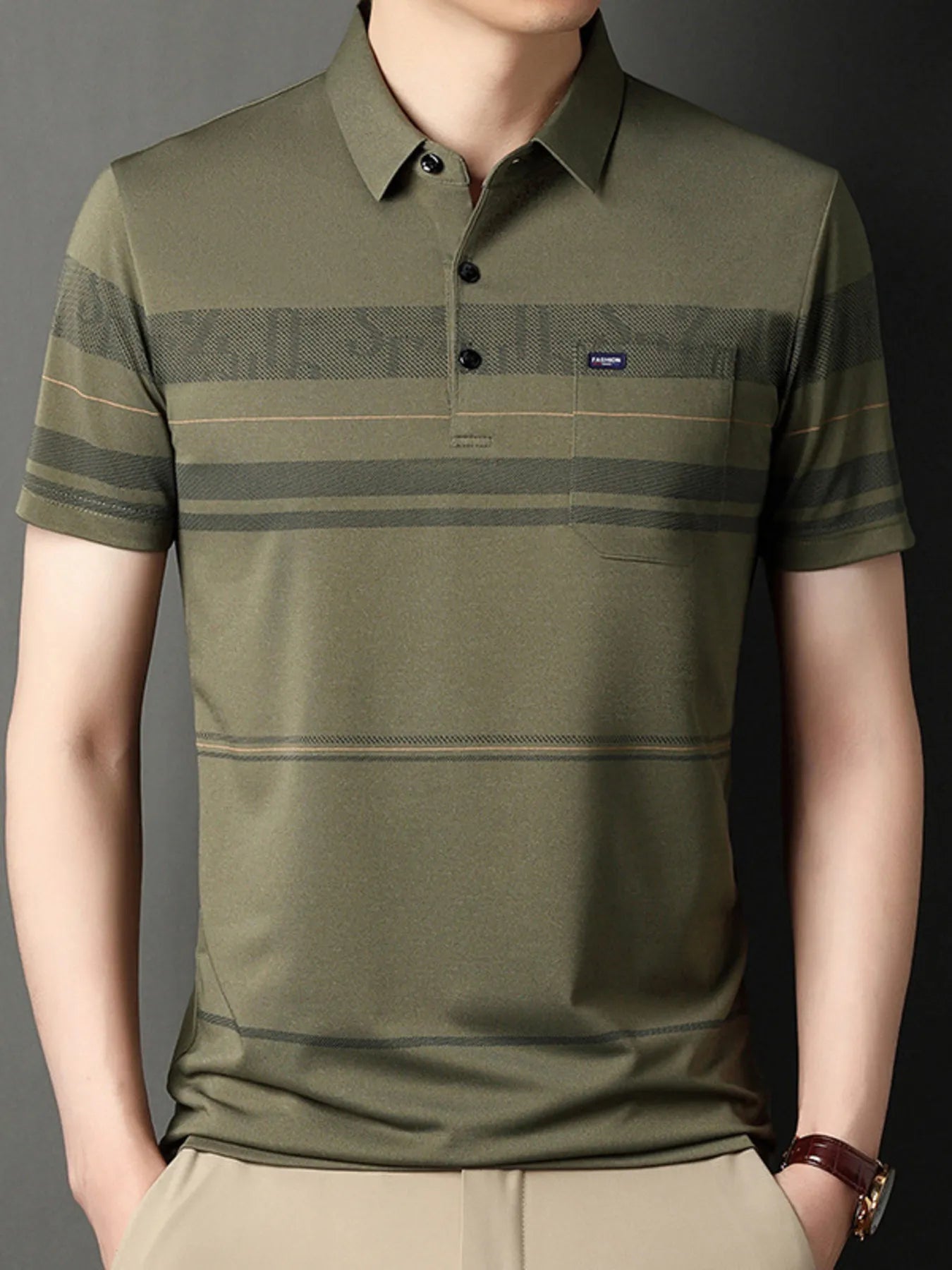 Men's Plus Size Classic Striped Business Casual Polo Shirt - Men's Polo shirt by Trendsi | Available at Handbags Specialist Headquarter