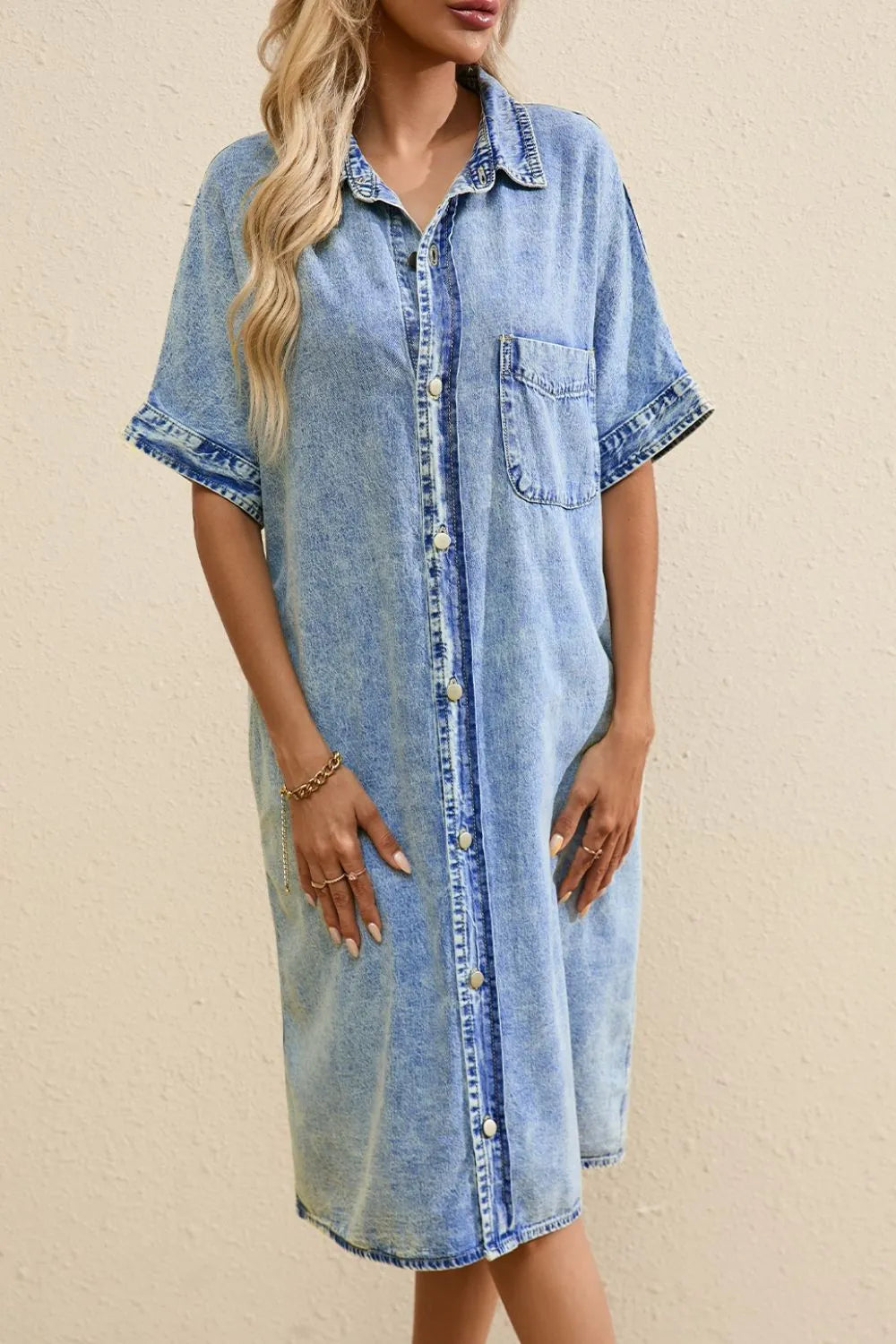 Oversized Button Down Denim Shirt Dress - Women / Jeans & Denim by Trendsi | Available at Handbags Specialist Headquarter