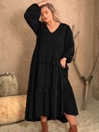 Plus Size Ruffled V-Neck Long Sleeve Dress - Dresses by Trendsi | Available at Handbags Specialist Headquarter