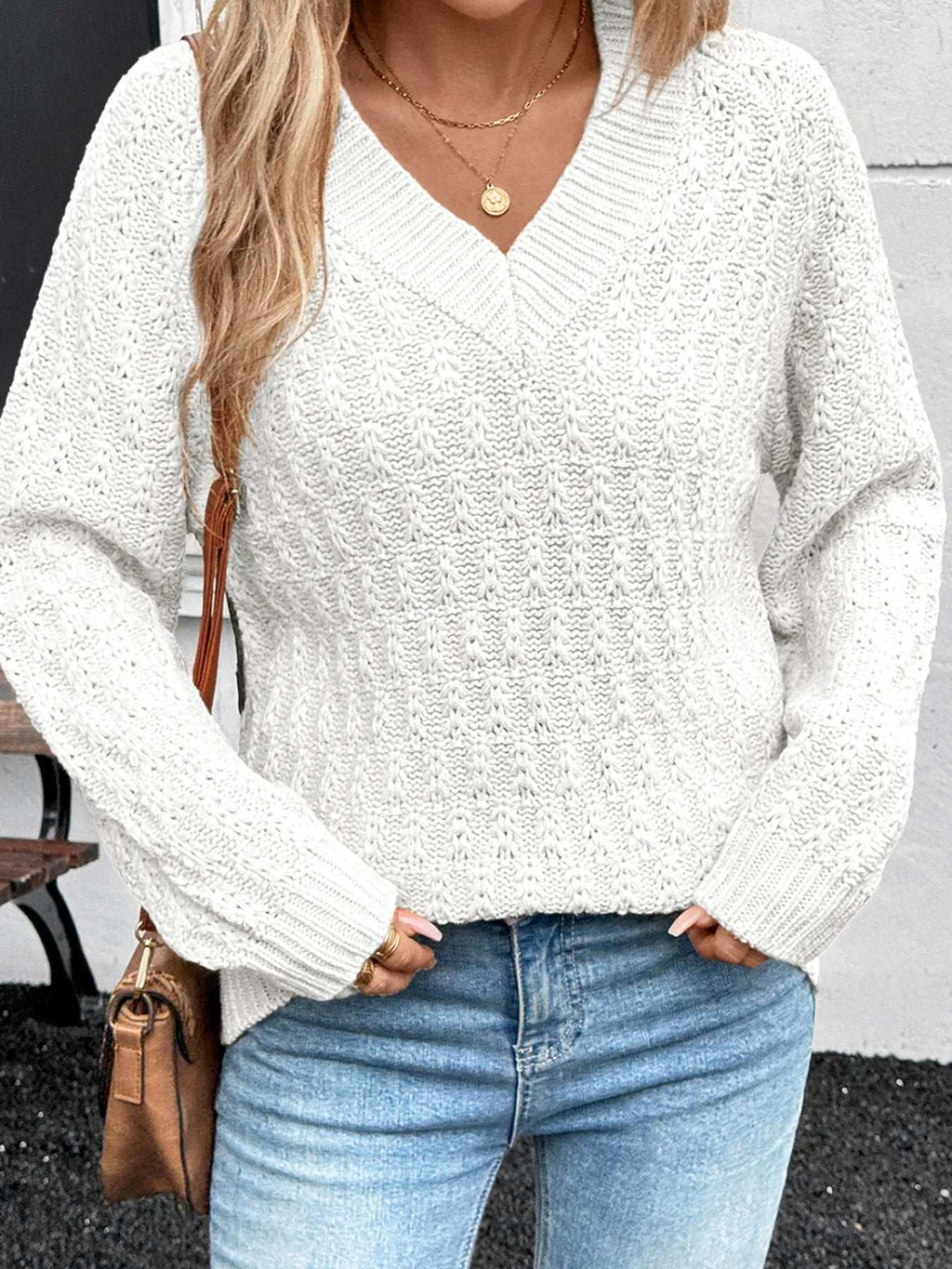 Textured Knit Ribbed Edge V Neck Loose Sweater - Tops by Trendsi | Available at Handbags Specialist Headquarter
