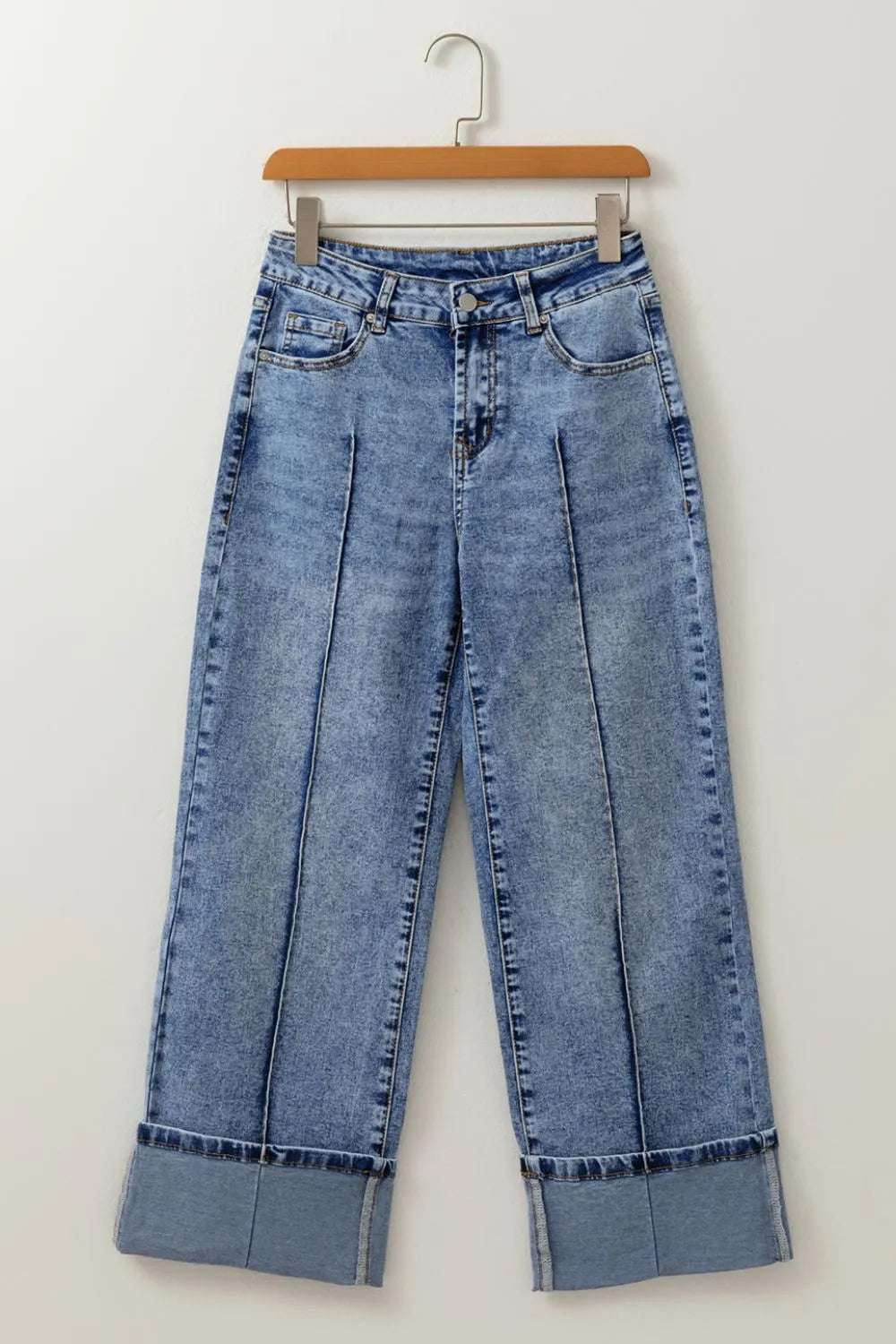 High-Waisted Wide-Leg Cuffed Jeans - Women / Jeans & Denim by Trendsi | Available at Handbags Specialist Headquarter