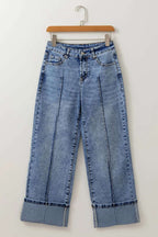 High-Waisted Wide-Leg Cuffed Jeans - Women / Jeans & Denim by Trendsi | Available at Handbags Specialist Headquarter