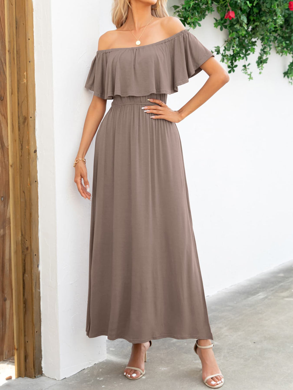 Off-Shoulder Slit Maxi Dress - Maxi Dress by Trendsi | Available at Handbags Specialist Headquarter