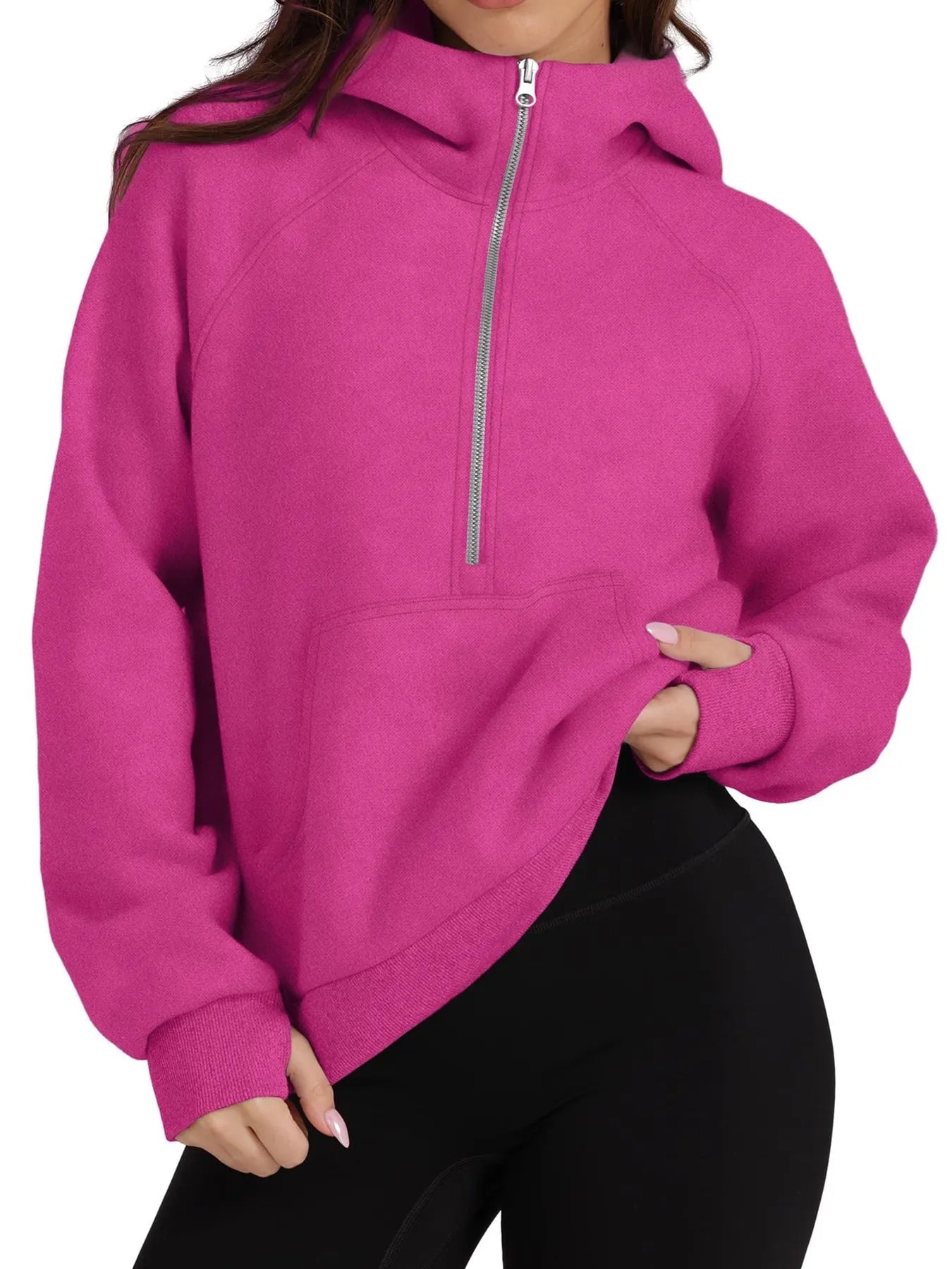 Half-Zip Hoodie with Kangaroo Pocket - Tops by Trendsi | Available at Handbags Specialist Headquarter