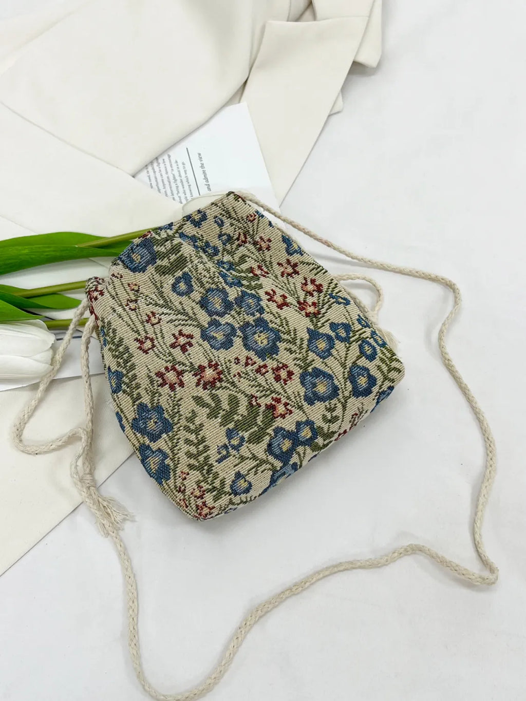 Rope Drawstring Floral Bucket Bag - Shoulder Bags by Trendsi | Available at Handbags Specialist Headquarter