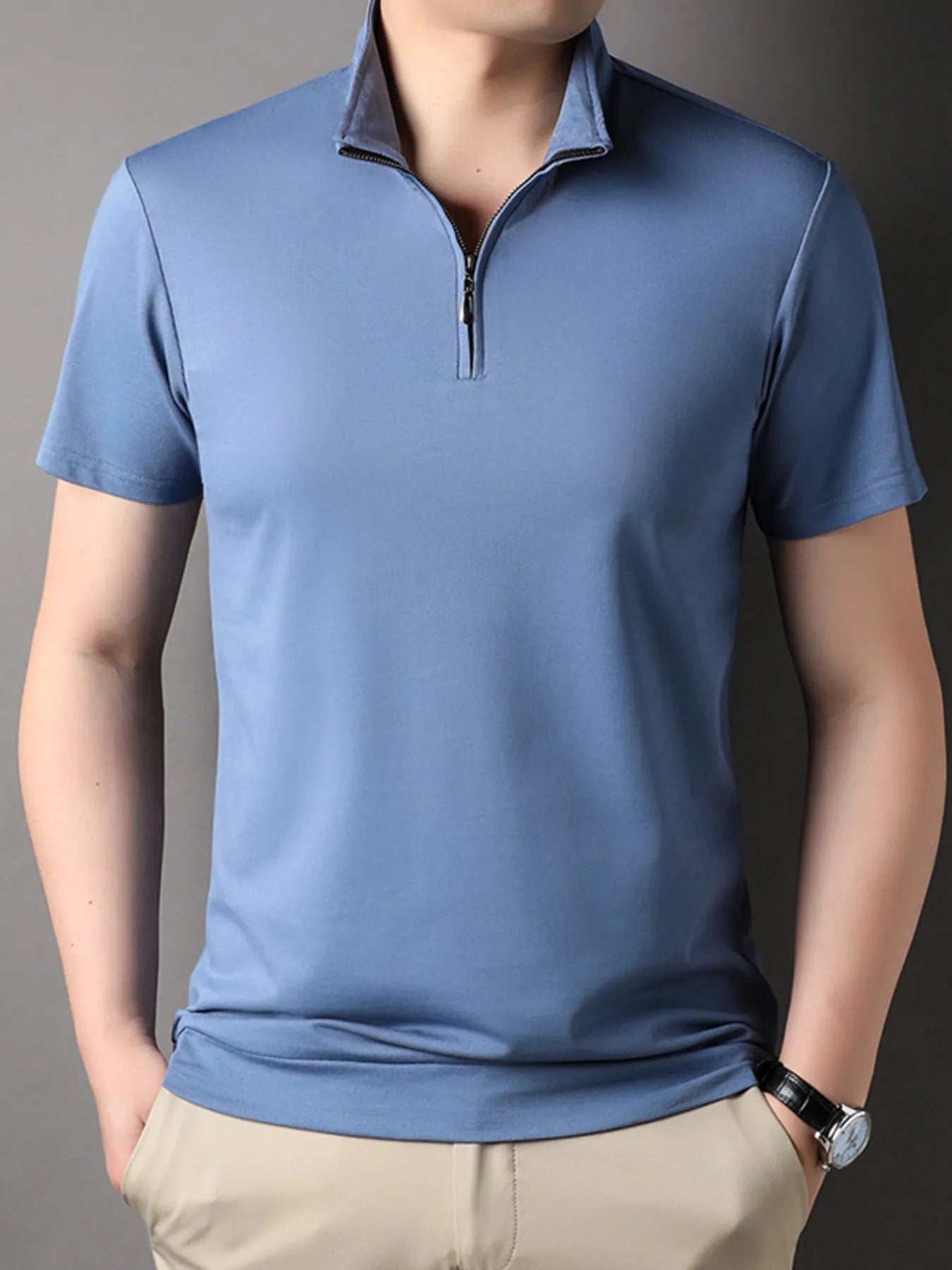 Men's Plus Size Zip Collar Short Sleeve Polo Shirt - Men's Polo shirt by Trendsi | Available at Handbags Specialist Headquarter