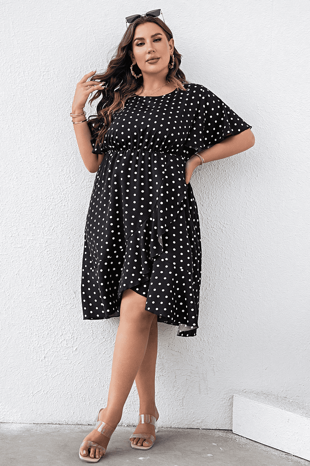 Plus Size Polka Dot Flutter Sleeve Dress - Dresses by Trendsi | Available at Handbags Specialist Headquarter