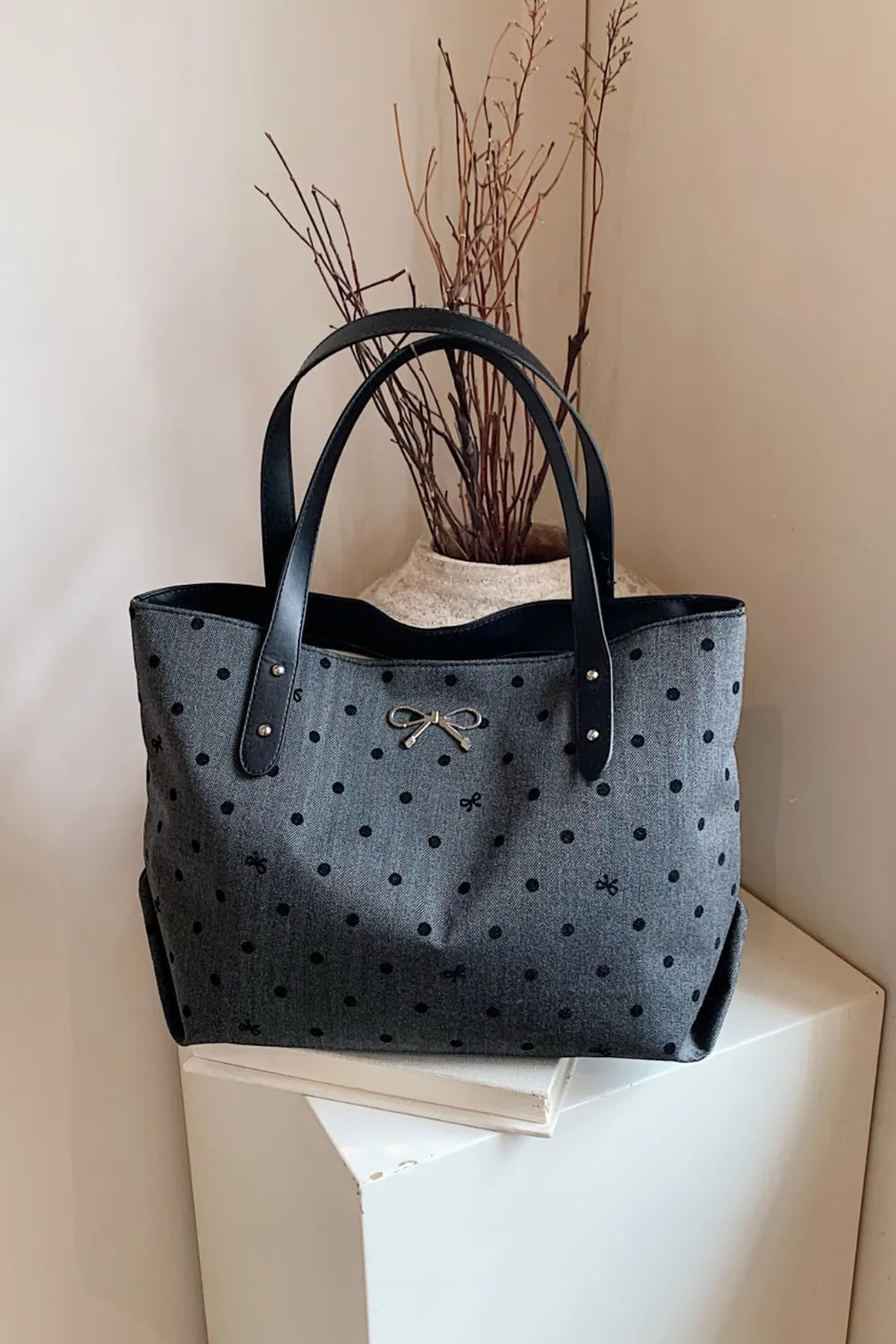 Polyester Bow Polka Dot Tote Bag - Tote Bag by Trendsi | Available at Handbags Specialist Headquarter