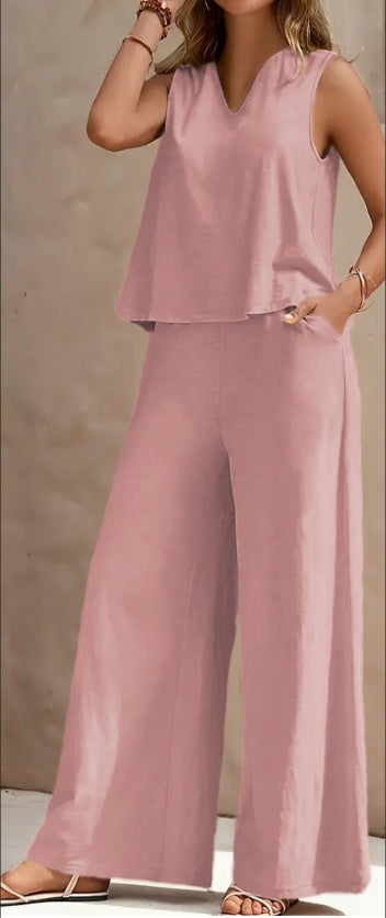 Summer Vibe: V-Neck Tank & Wide Leg Pants Set