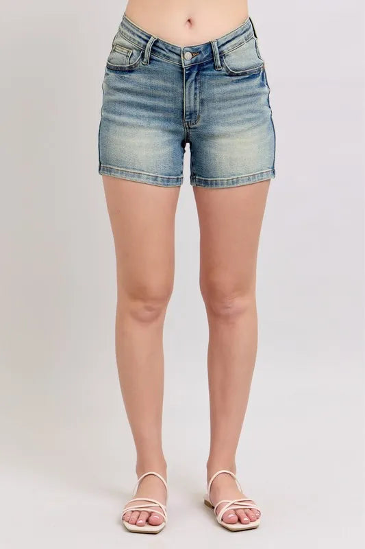 Judy Blue Full Size V-Front Vintage Wash Shorts Plus Size - Women / Jeans & Denim by Trendsi | Available at Handbags Specialist Headquarter